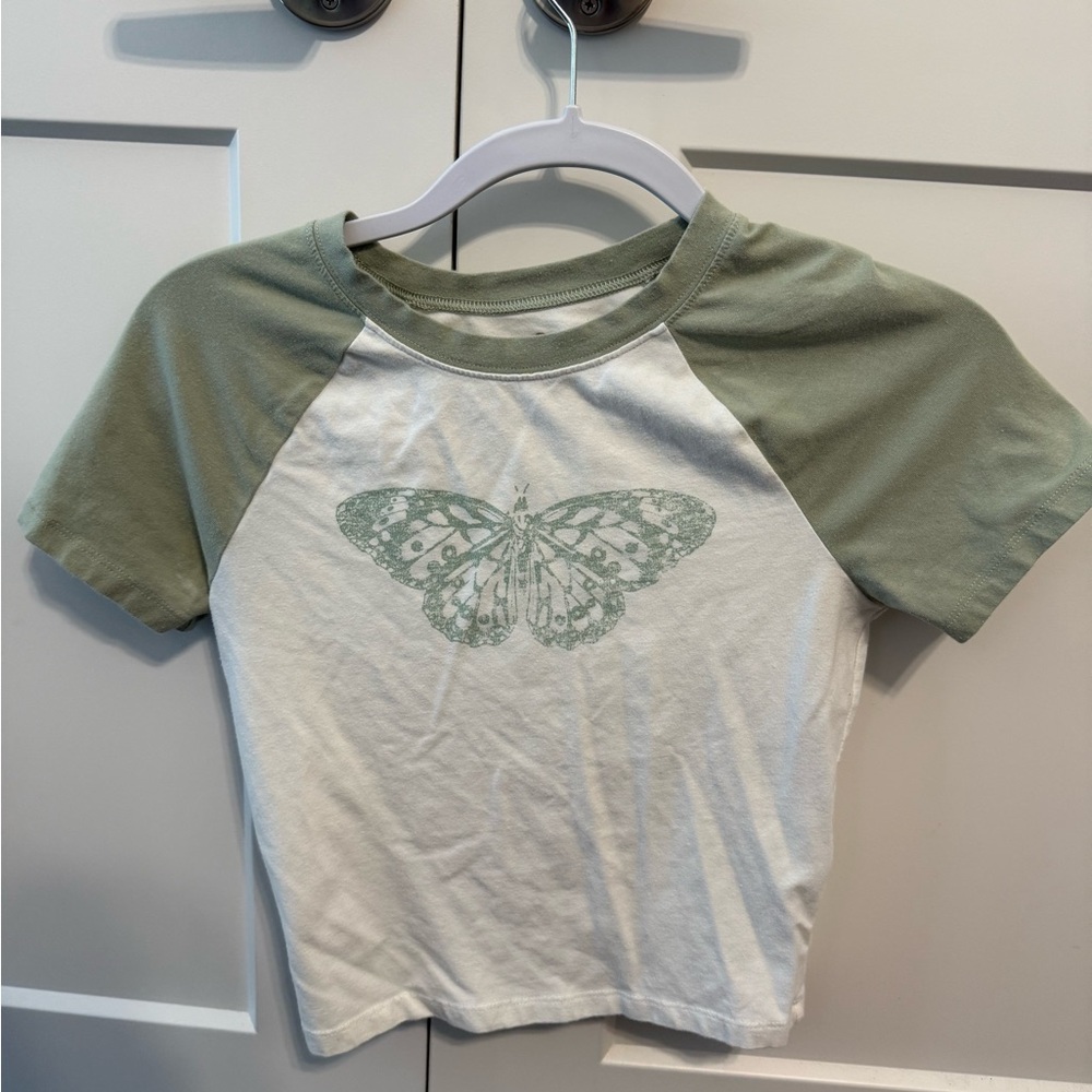 Hollister White Tee with Sage Raglan Sleeves & Butterfly Graphic